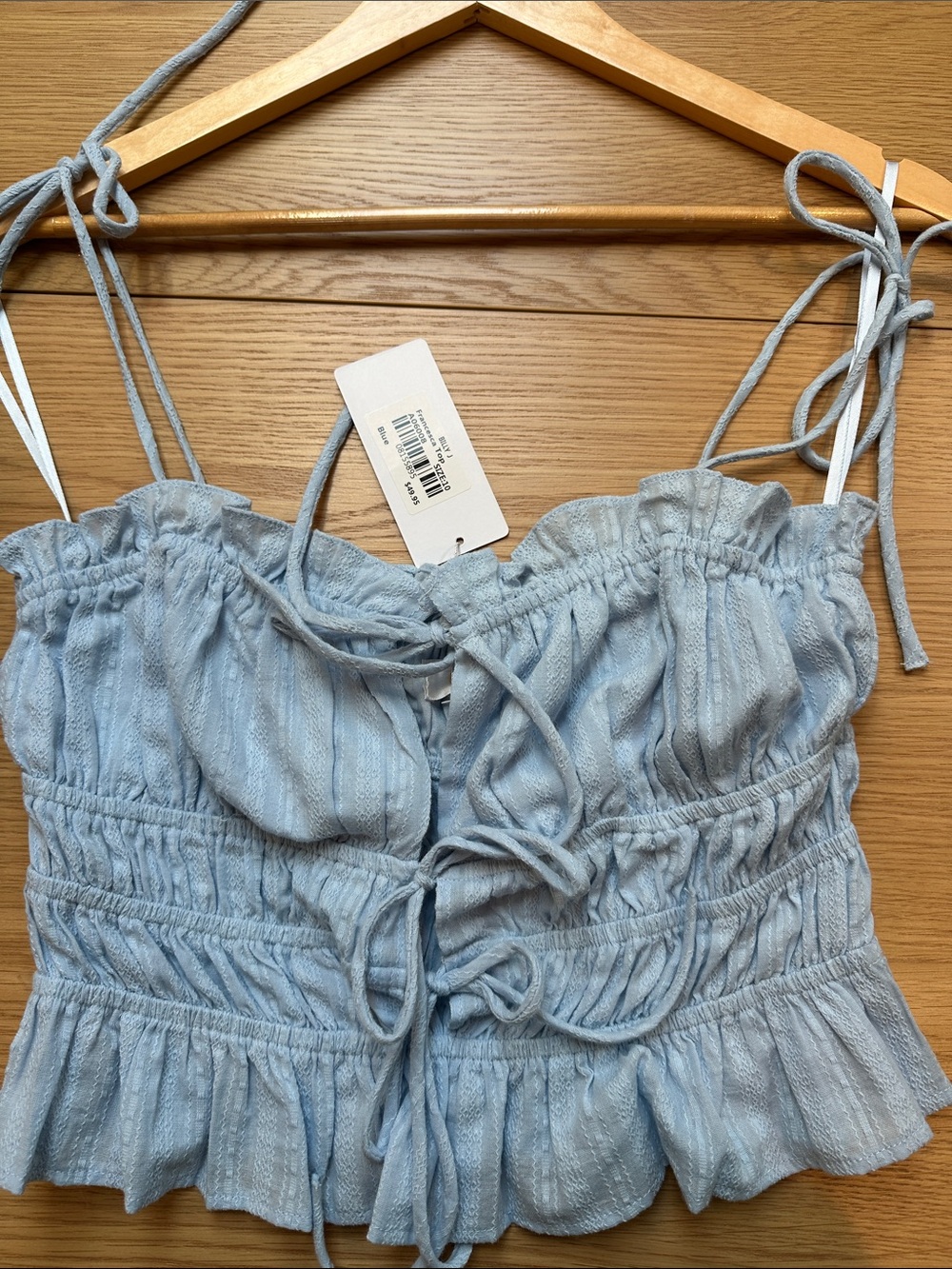 Billy J Light Blue Smocked Tie-Front Camisole with Ruffle Hem